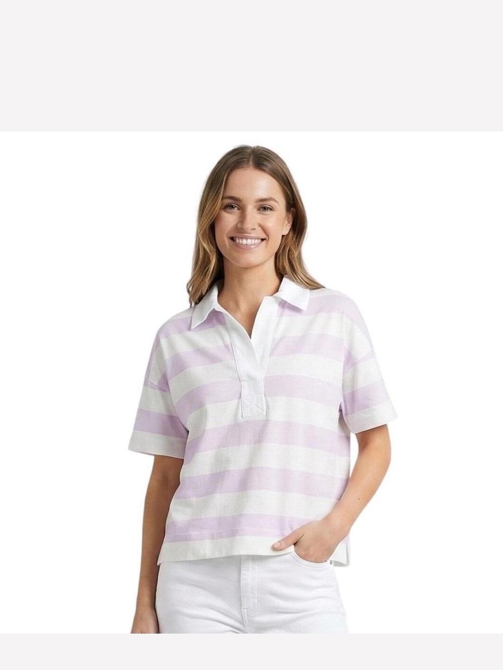Everlane Retro Jersey Lavender & White Striped Polo Shirt Organic Cotton NWT